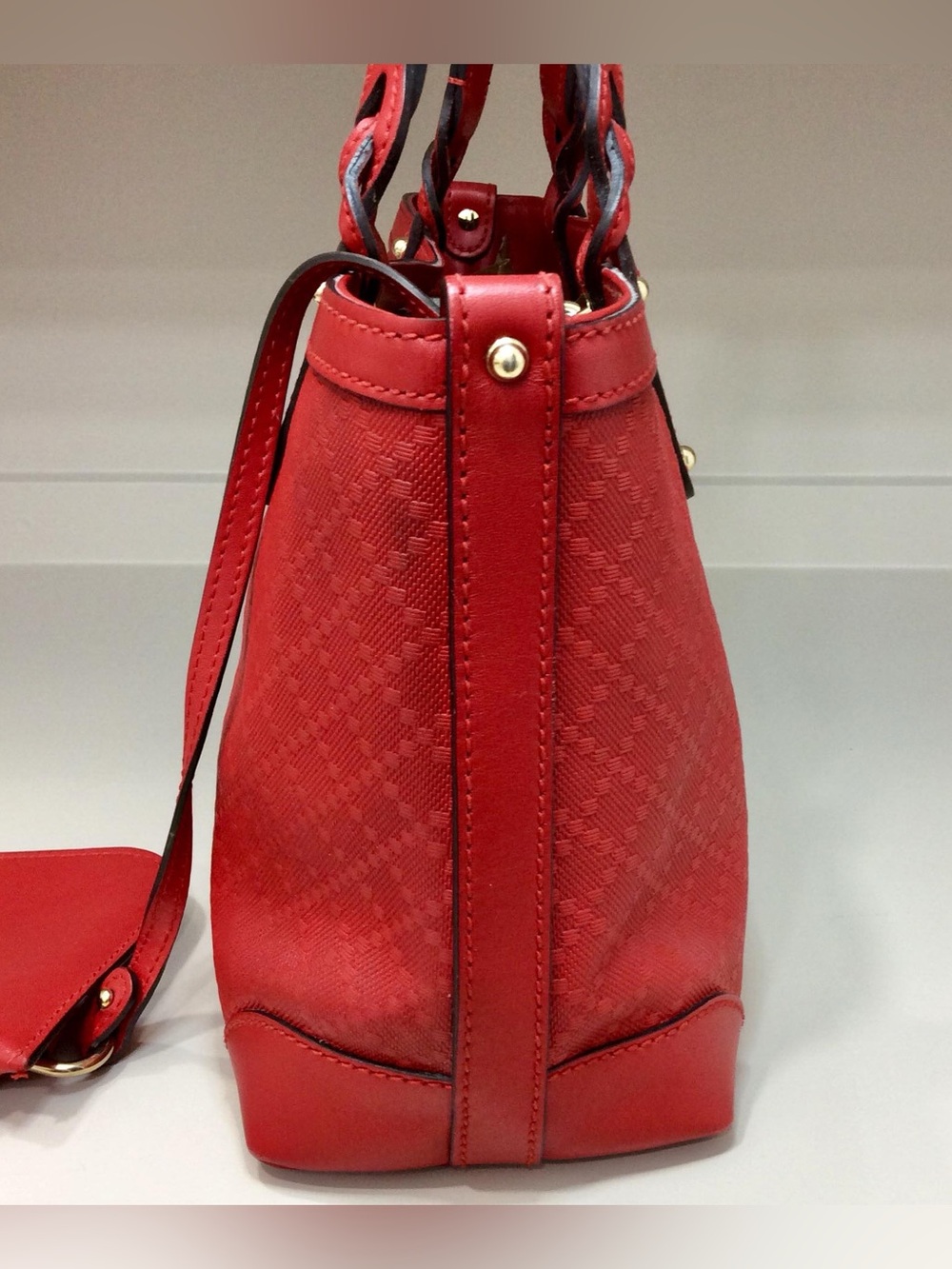 Authentic Gucci Small Diamante Craft Tote Canvas Leather with Pouch Red Bag - Picture 11 of 16